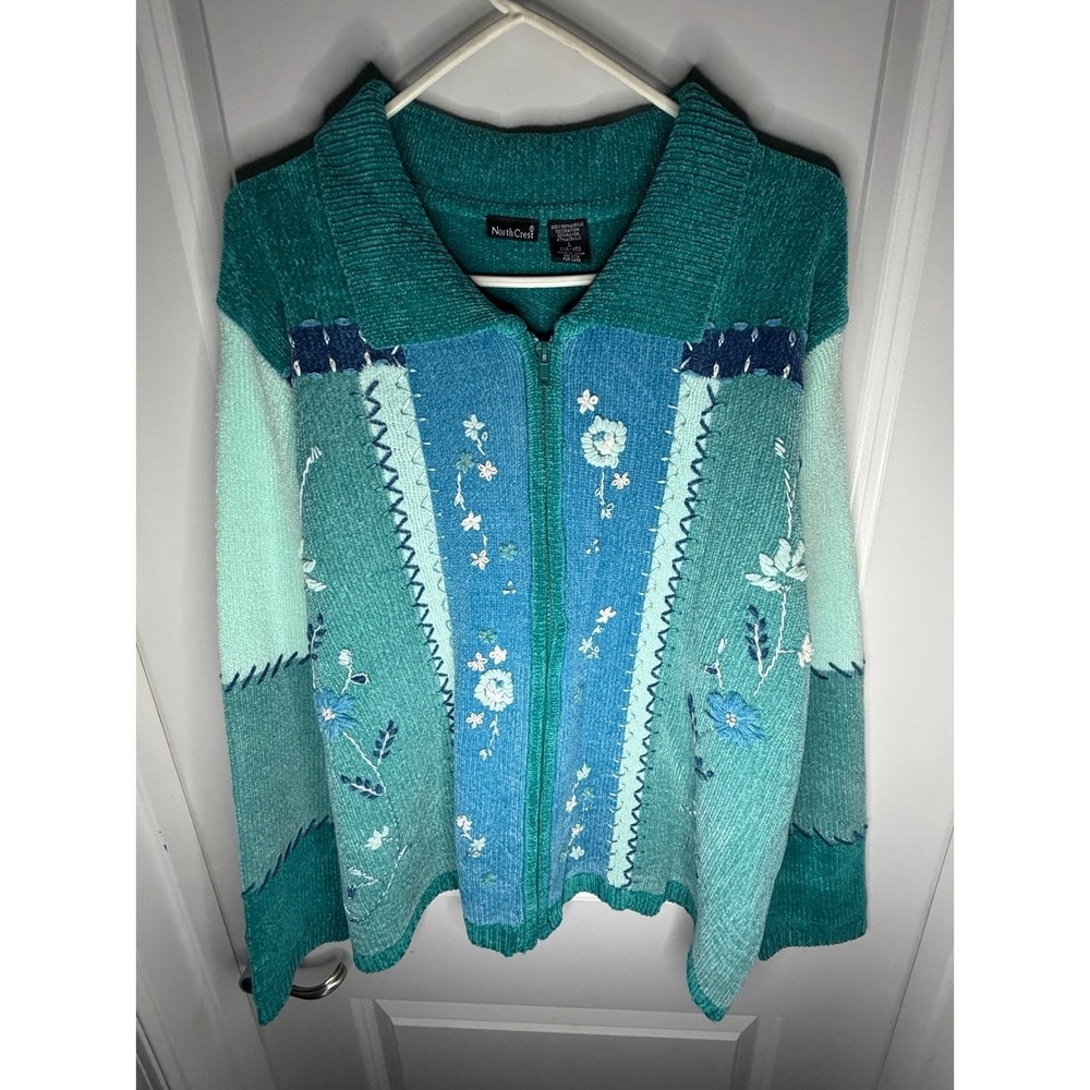Vintage 90's NorthCrest Embroidered Floral Teal Sweater Jacket Womens Large NEW